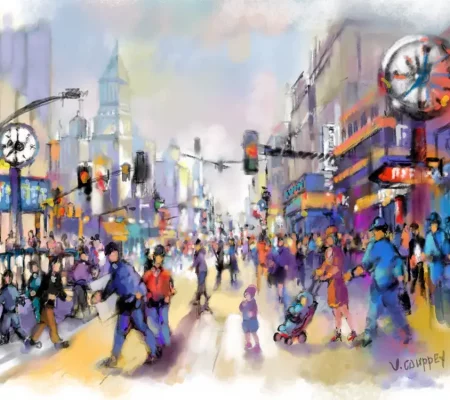 Étude réalisée sur tablette Apple iPad© 12,9' sur application Affinity Designer - 2022 - Format 73 cm x 54 cm - impression sur toile UNE JOURNÉE SANS VOITURES