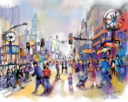 Étude réalisée sur tablette Apple iPad© 12,9' sur application Affinity Designer - 2022 - Format 73 cm x 54 cm - impression sur toile UNE JOURNÉE SANS VOITURES