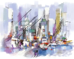 Étude réalisée sur tablette Apple iPad© 12,9' sur application Procreate - 2023 - Impression pour cadre/sous-verre - Format 20 cm x 15 cm SUR LES DOCKS VIII