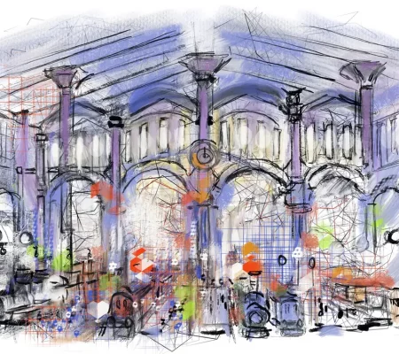 Étude réalisée sur tablette Apple iPad© 12,9' sur application Procreate - 2024 - Impression sur papier photo - Sous-verre / Encadrement blanc AMBIANCE DE GARE