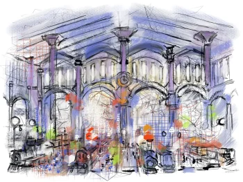 Étude réalisée sur tablette Apple iPad© 12,9' sur application Procreate - 2024 - Impression sur papier photo - Sous-verre / Encadrement blanc AMBIANCE DE GARE