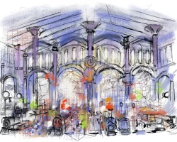 Étude réalisée sur tablette Apple iPad© 12,9' sur application Procreate - 2024 - Impression sur papier photo - Sous-verre / Encadrement blanc AMBIANCE DE GARE