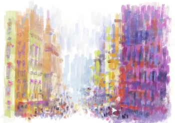 Étude réalisée sur tablette Apple iPad© 12,9' sur application Procreate - 2024 - Impression sur papier photo - Sous-verre / Encadrement blanc AMBIANCE DE VILLE
