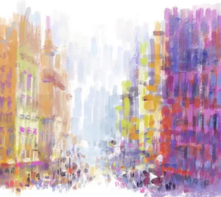 Étude réalisée sur tablette Apple iPad© 12,9' sur application Procreate - 2024 - Impression sur papier photo - Sous-verre / Encadrement blanc AMBIANCE DE VILLE